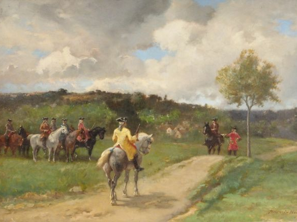 BRUNET-HOUARD "Scène de chasse à courre".  Huile sur toile. Signée en 