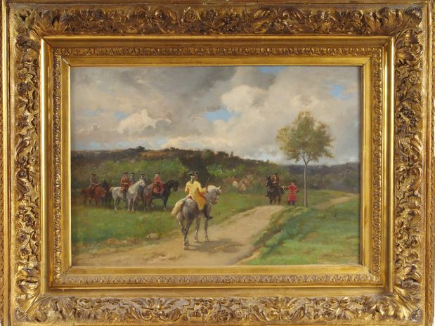 BRUNET-HOUARD "Scène de chasse à courre".  Huile sur toile. Signée en 