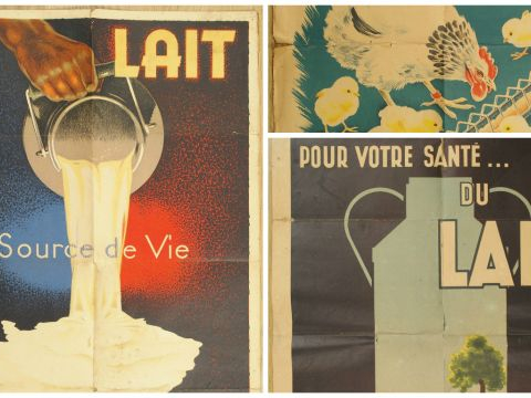 Trois différentes affiches publicitaires "Sanders", "Lait source de vi