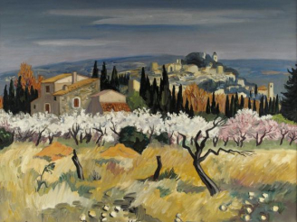 Vente aux enchères Y. BRAYER. "Printemps à Eygalières". Huile sur toile. Signée en bas à 