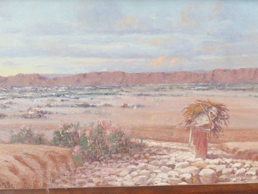 CASTELLI "Paysage d'Afrique du Nord animé". Huile sur toile. Signée en