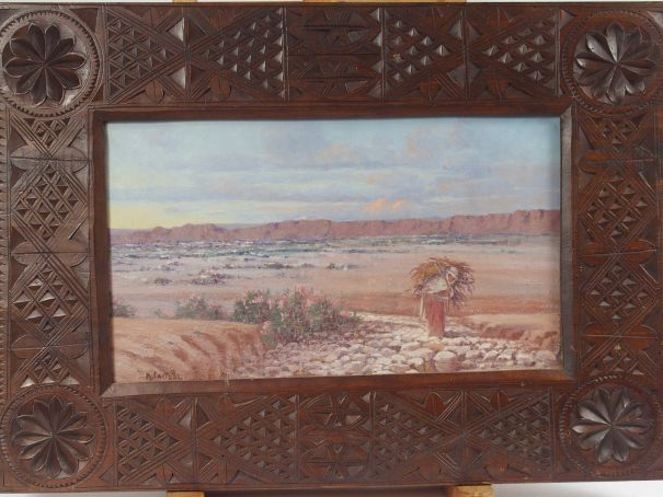 CASTELLI "Paysage d'Afrique du Nord animé". Huile sur toile. Signée en