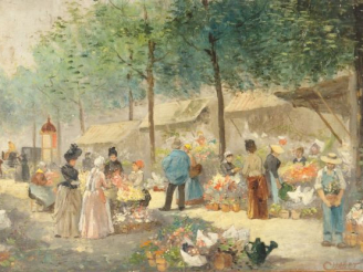 Vente aux enchères CHABET "Le marché aux fleurs". Huile sur panneau. Signée en bas à droi
