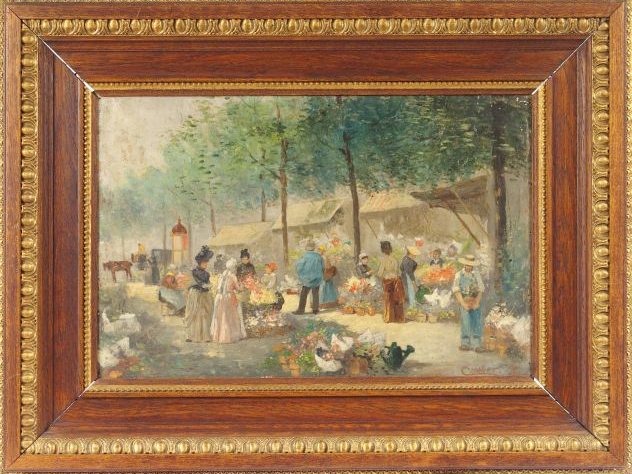 CHABET "Le marché aux fleurs". Huile sur panneau. Signée en bas à droi