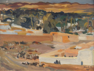 Vente aux enchères F. FAUCK "Paysage d'Afrique du Nord". Huile sur panneau. Signée en bas