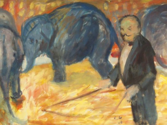 Vente aux enchères Edouard GOERG "Le cirque, le dresseur d'éléphant".  Gouache Monogrammé