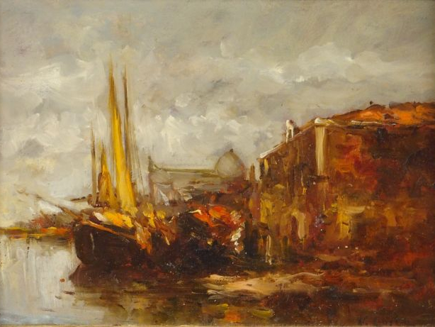 Ecole française début Xxème "Marine". Huile sur panneau. 16 x 21,5 cm