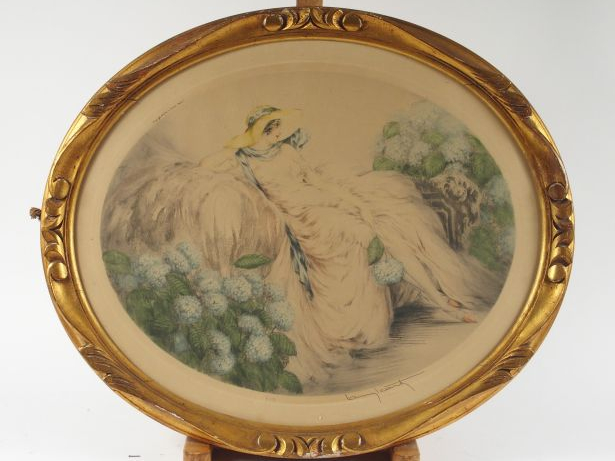 Louis ICART "Elégantes aux hortensias bleus". Gravure en couleurs.