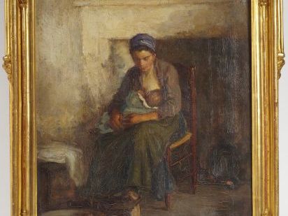 VERGEAUD "Maternité". Huile sur toile. Signée en haut à gauche. 42 x 3