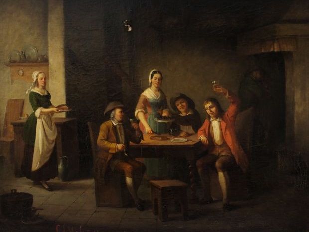 WAELPUT. "Scène d'auberge". Huile sur toile, signée en bas à gauche et