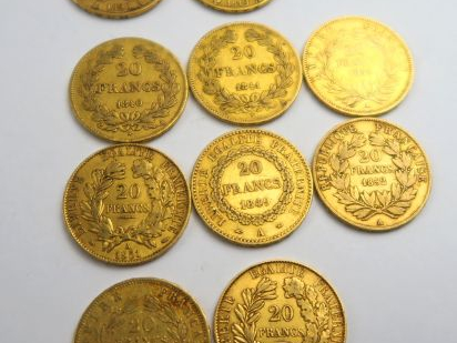10 pièces de 20 francs or (1819 A, 1828 A, 1840 A, 1841 A, 1849 A, 185