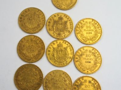 10 pièces de 20 francs or (2 x 1854 A, 2 x 1857 A, 1858 A, 1858 B,1859