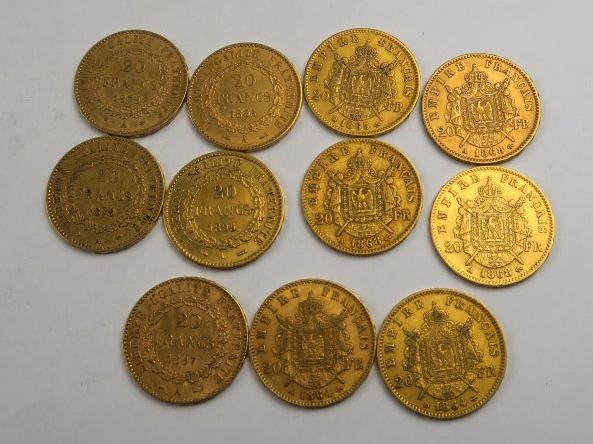 11 pièces de 20 francs or (1864 A et 1864 B, 1865 B, 3 x 1868 A, 1878 