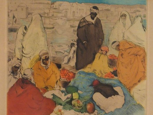 Léon CAUVY 'Scène de marché en Afrique du Nord'. Gravure en couleur, c