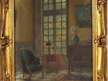 L. J. de JONCIERES 'Intérieur". Huile sur carton signée en bas à gauch