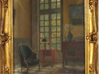 Vente aux enchères L. J. de JONCIERES 'Intérieur". Huile sur carton signée en bas à gauch