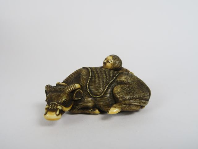 Netsuke en ivoire rehaussé de brun, représentant un buffle couché, sa 