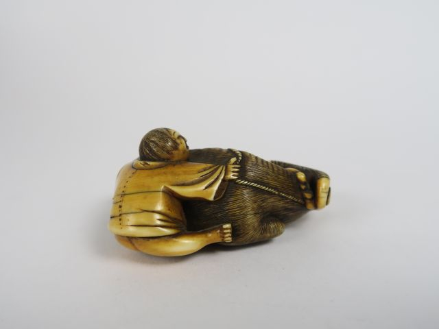 Netsuke en ivoire rehaussé de brun, représentant un buffle couché, sa 