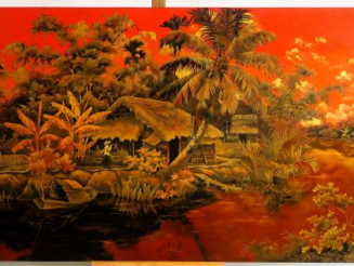 Vente aux enchères THANH LEY. Grand panneau en bois laqué, à décor de paysage.  Dim. 61 x