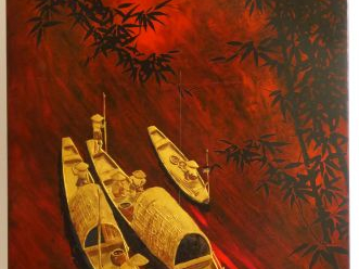 HOANG NGOC. Panneau en bois laqué, à décor doré sur fond rouge de barq