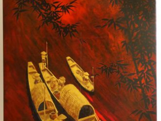 Vente aux enchères HOANG NGOC. Panneau en bois laqué, à décor doré sur fond rouge de barq