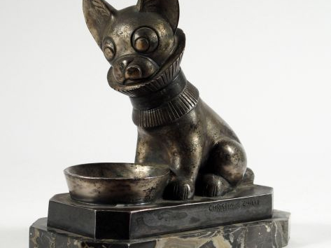 Christiane CHILLI "Chiot à la gamelle". Sculpture Art Déco en bronze a