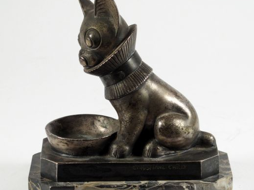 Christiane CHILLI "Chiot à la gamelle". Sculpture Art Déco en bronze a