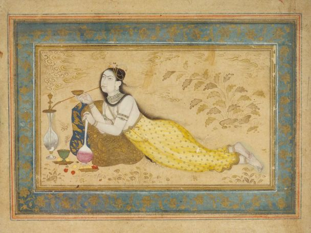 Gouache persane XIXème "La fumeuse de narguilé". Signée en bas à gauch