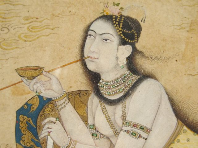 Gouache persane XIXème "La fumeuse de narguilé". Signée en bas à gauch