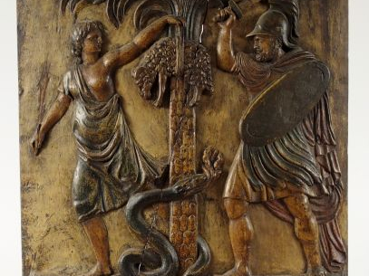 Panneau XVIIIème en bois sculpté polychrome "Scène de l'histoire saint