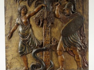 Vente aux enchères Panneau XVIIIème en bois sculpté polychrome "Scène de l'histoire saint