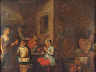 Vente aux enchères Ecole du Nord XVIIIème "Scène d'auberge". Huile sur toile.  76 x 90 cm