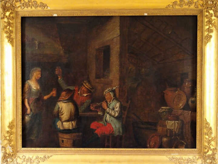 Ecole du Nord XVIIIème "Scène d'auberge". Huile sur toile.  76 x 90 cm