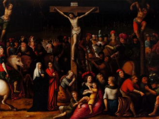 Vente aux enchères Louis de CAULLERY "La Crucifixion".  Huile sur panneau. Au verso, marq
