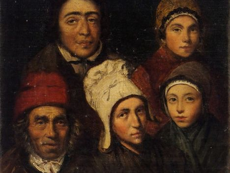 Ecole française XIXème "Etude du 5 visages". Huile sur toile marouflée