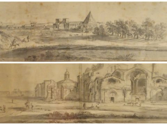 Vente aux enchères Ecole française début XIXème "Ruines animées". Paire de grands dessins