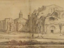 Ecole française début XIXème "Ruines animées". Paire de grands dessins