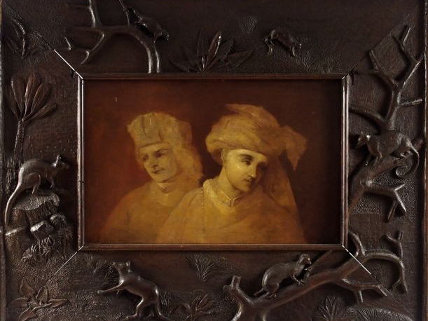 Ecole Xxème "Portraits d'hommes":  Huile sur panneau. Etonnant cadre e