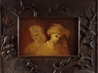 Vente aux enchères Ecole Xxème "Portraits d'hommes":  Huile sur panneau. Etonnant cadre e