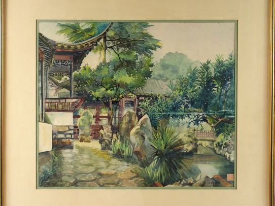 JIA PIM "Jardin indochinois". Aquarelle. Signée en bas à droite.  38,5
