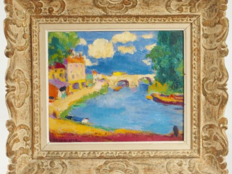 Vente aux enchères KUAPIL "Paysage fluvial animé".  Huile sur toile. Signée en bas à gauc