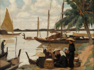 Vente aux enchères Maurice MENARDEAU "Les bords du Mékong".  Huile sur panneau. Signée en