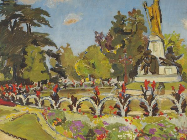 Renée ASPE "Le jardin public". Huile sur panneau, signée en bas à droi