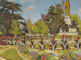Vente aux enchères Renée ASPE "Le jardin public". Huile sur panneau, signée en bas à droi