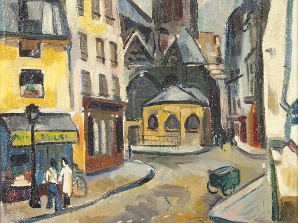 Renée ASPE "Rue de Paris". Huile sur toile, signée en bas à gauche et 