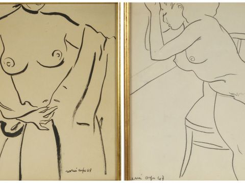 Renée ASPE "Le modèle nu". Deux différents dessins, signés et datés 47