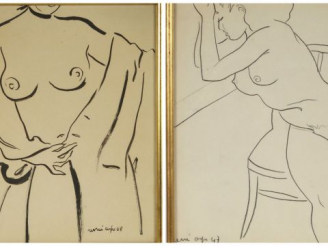 Vente aux enchères Renée ASPE "Le modèle nu". Deux différents dessins, signés et datés 47