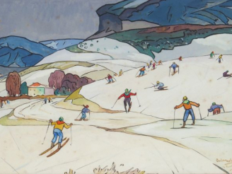 Vente aux enchères Gaston BALANDE "Le ski". Aquarelle, signée en  bas à droite.  16 x 37.