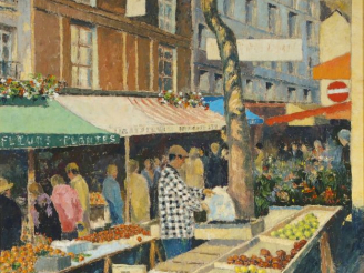 Vente aux enchères André BARDET. "Le marché Mouffetard".  Huile sur toile, signée en bas 