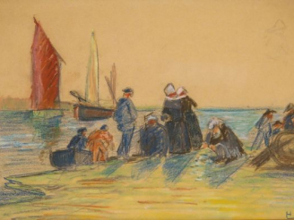 Vente aux enchères Henry BARNOIN "Pêcheurs bretons". Pastel, signé en bas à droite. 23.5 